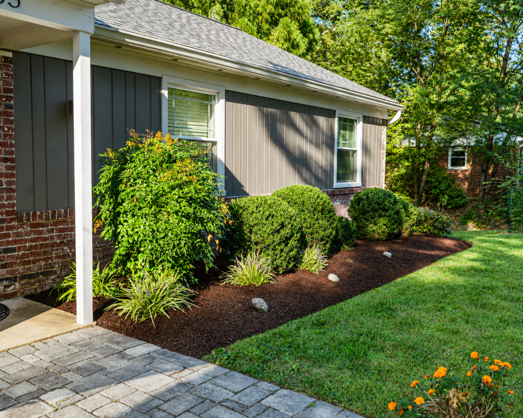 A visual comparison of dark organic mulch and decorative river stone used in a residential landscape garden bed. | Mulch vs Decorative Stone