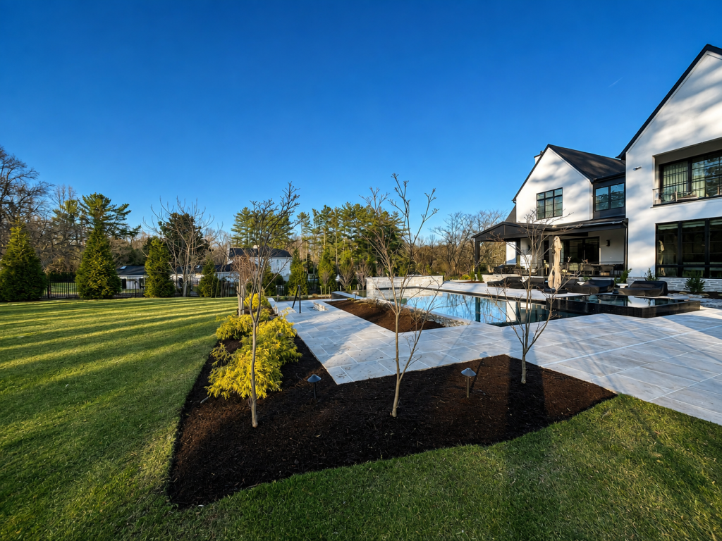 Mulch installation and shrub trimming on a residential property in Montgomery County, MD