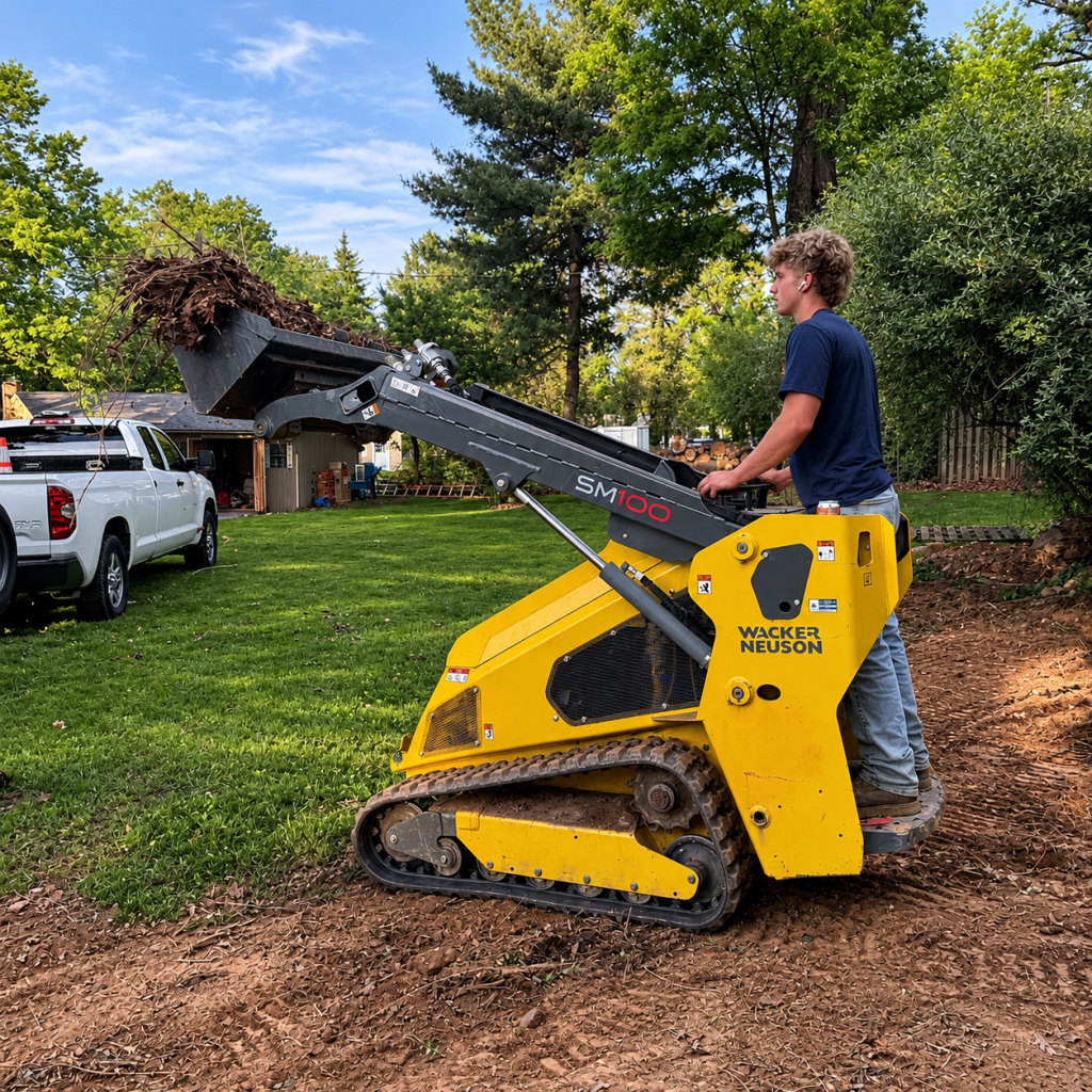 Compact stand-on skid steer and heavy machinery operation for land clearing in Montgomery County, MD