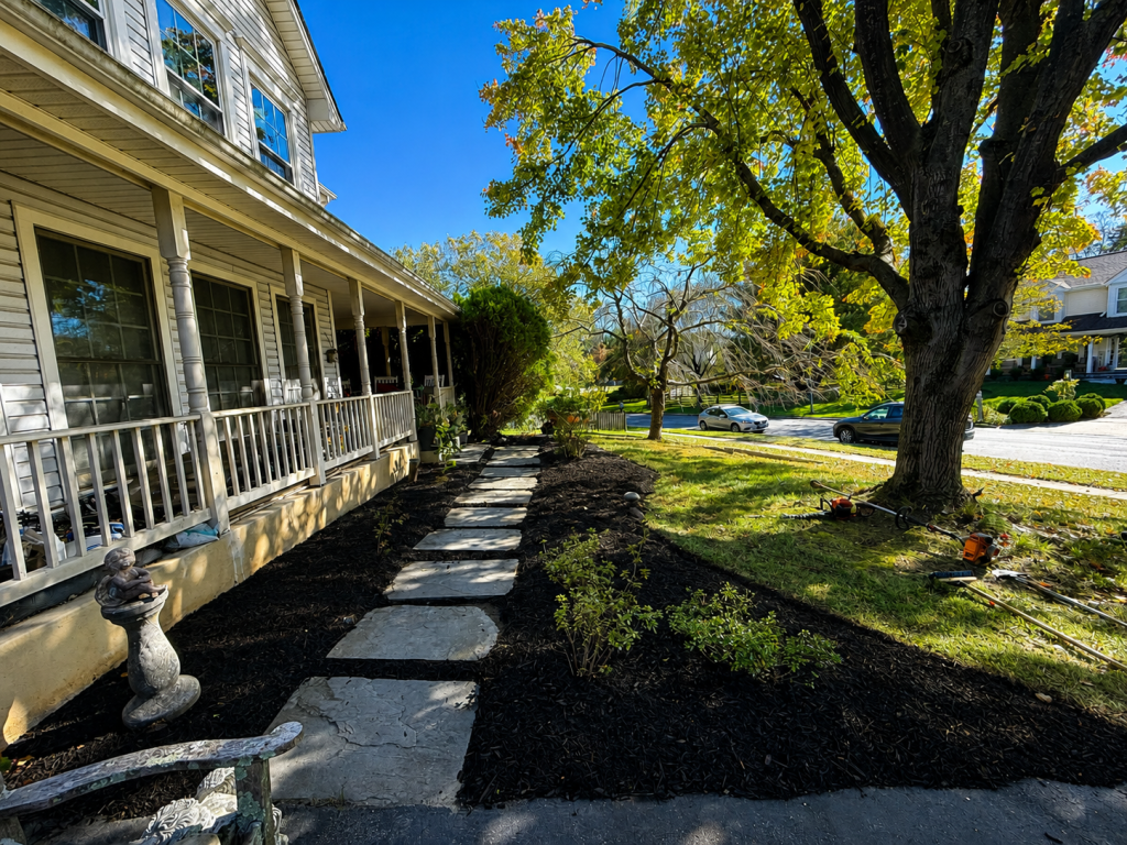 Paver walkway installation with surrounding plantings and decorative river rock in Montgomery County, MD