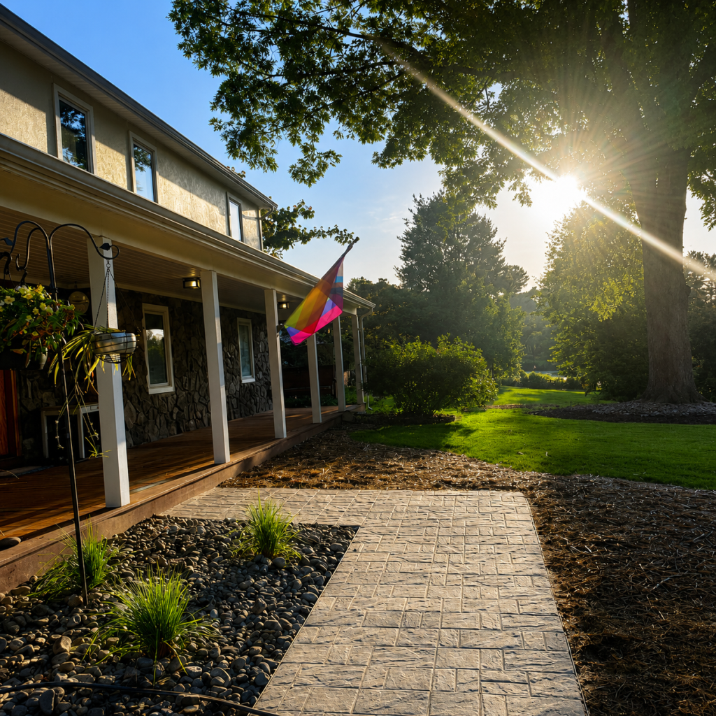 Sunlit residential front porch with a stamped paver walkway, river rock garden bed, and lush green lawn