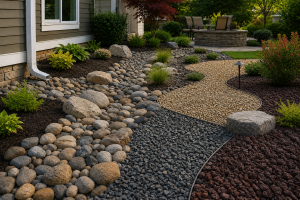 A residential front yard featuring a decorative gravel walkway alongside mulched flower beds and natural stone retaining walls.