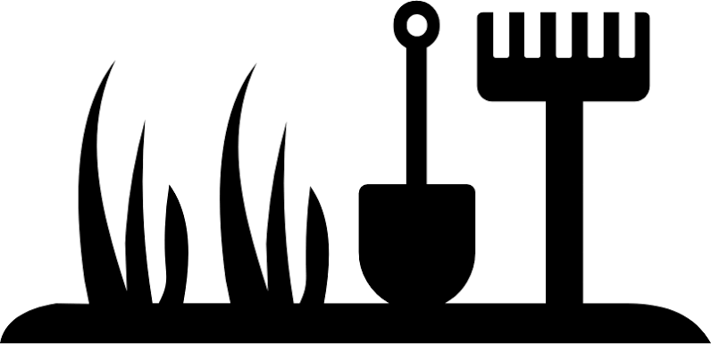 Black icon depicting grass, shovel, and rake representing lawn care, garden bed maintenance, and landscaping services in Montgomery County MD