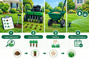 Step-by-step lawn aeration and overseeding process diagram by Anytyme Outdoor Services in Montgomery County, MD, landscaping tips Montgomery County