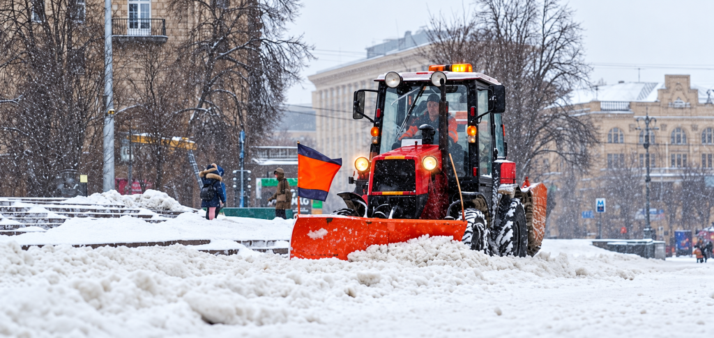 Snow removal equipment plowing a snowy driveway in Montgomery County MD, commercial snow removal Montgomery County MD